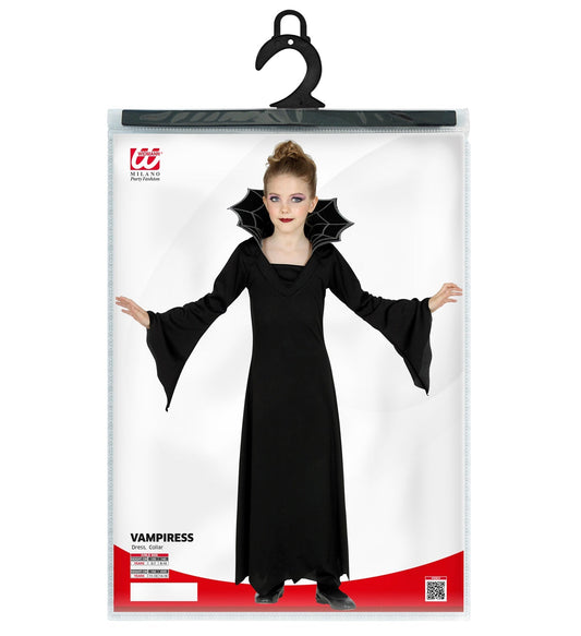 Schwarzes Vampirkostüm für Mädchen mit Spitzenkleid und Samtkragen, elegant und bequem.