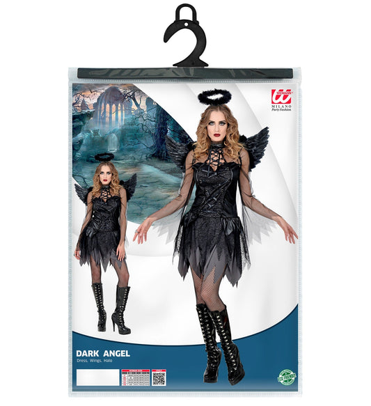 Dunkles Engel-Kleid mit Flügeln und Heiligenschein in Schwarz und Silber für Halloween.