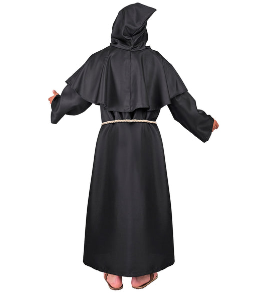 Widmann Dark Monk Kostüm mit Robe, Kapuze, Gürtel und Kreuzkette in mattem Schwarz.