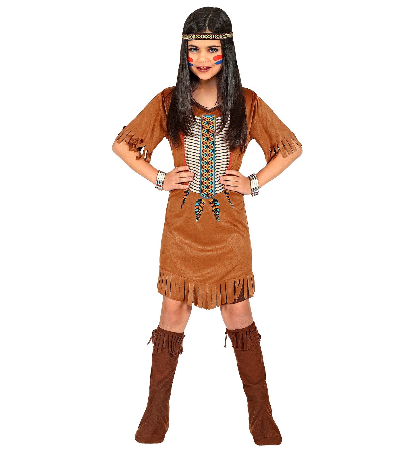 Mädchenkostüm mit buntem Druck, Fransen, und passendem Stirnband in Braun und Beige.