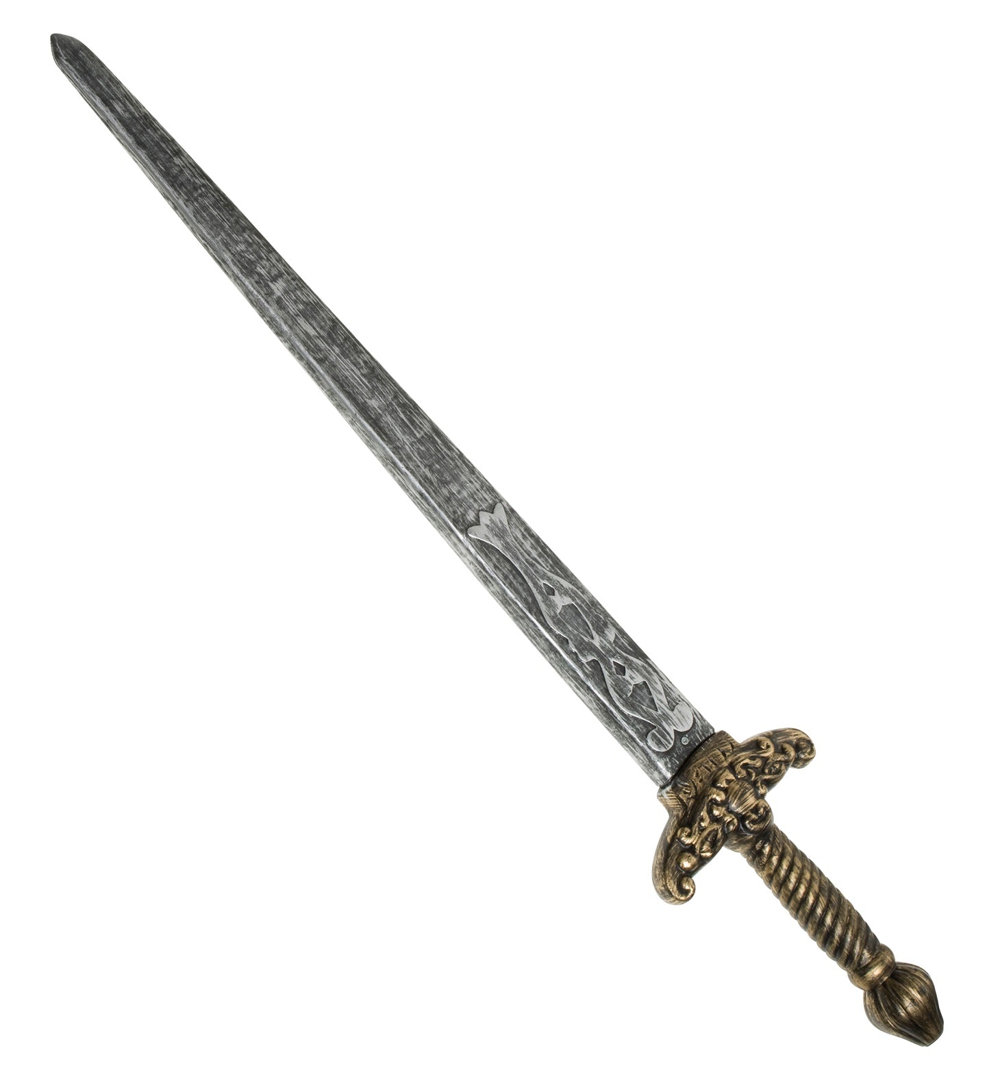 A 89cm foam Excalibur knight's sword with gray blade and gold hilt for LARP and cosplay.
