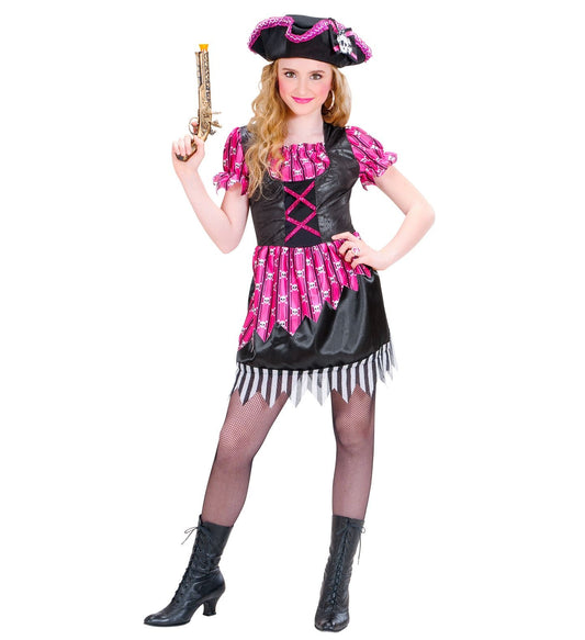 Young girl wearing a black and pink pirate dress with tricorn hat and toy pistol.