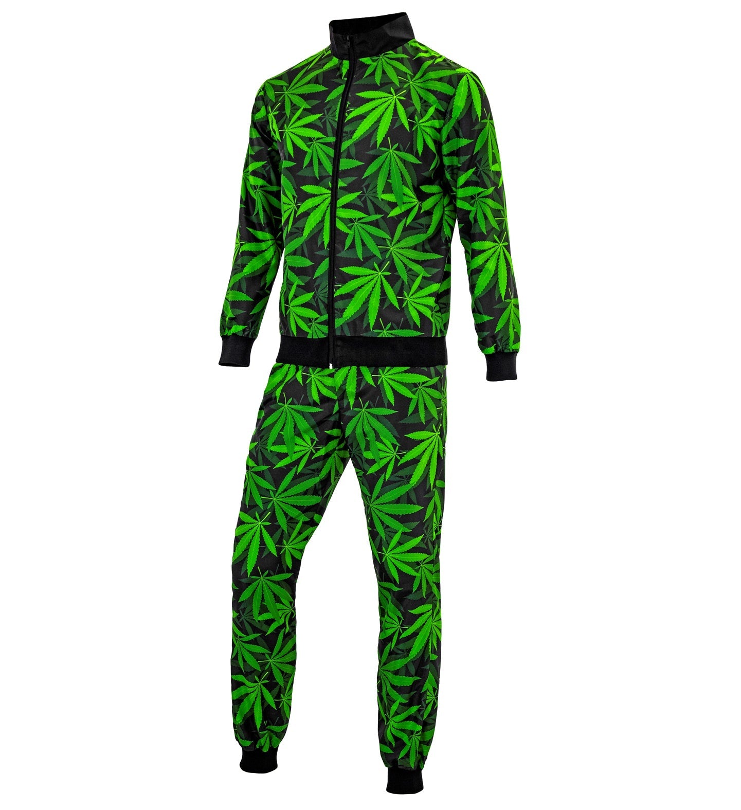 Unisex green cannabis leaf print French terry jogger tracksuit set.