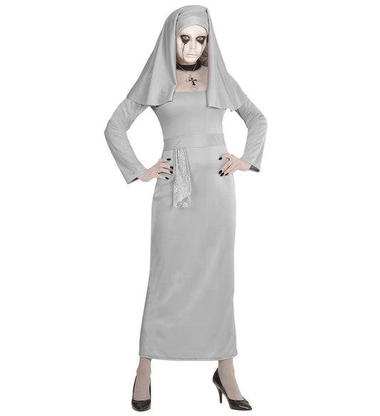 Graues Geister-Nonnen-Kostüm für Damen mit Haube und langem Gewand.