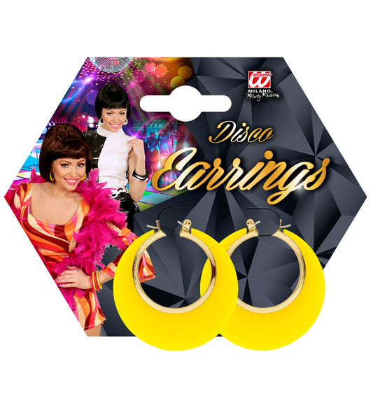 Yellow gold lightweight drop hoop earrings in a hexagonal black package with disco theme.