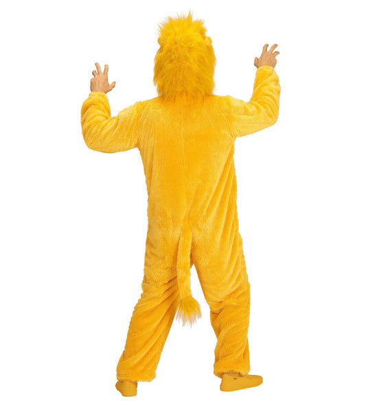Gelbes Plüschkostüm eines Löwen für Erwachsene mit Kapuze und fließender Mähne.