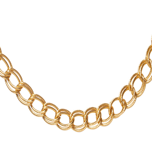Gold tone thick chain necklace with interlocking links, 60cm length, 80s style.