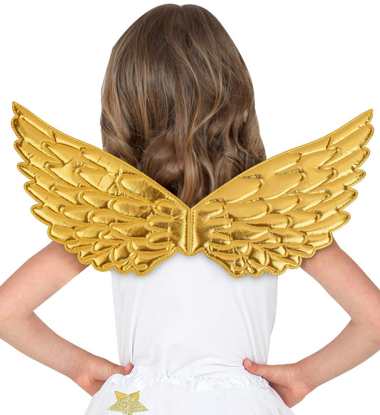 Leichte goldene Engelshügel aus Kunststoff für Kinder, 43 × 22 cm mit verstellbaren Trägern.