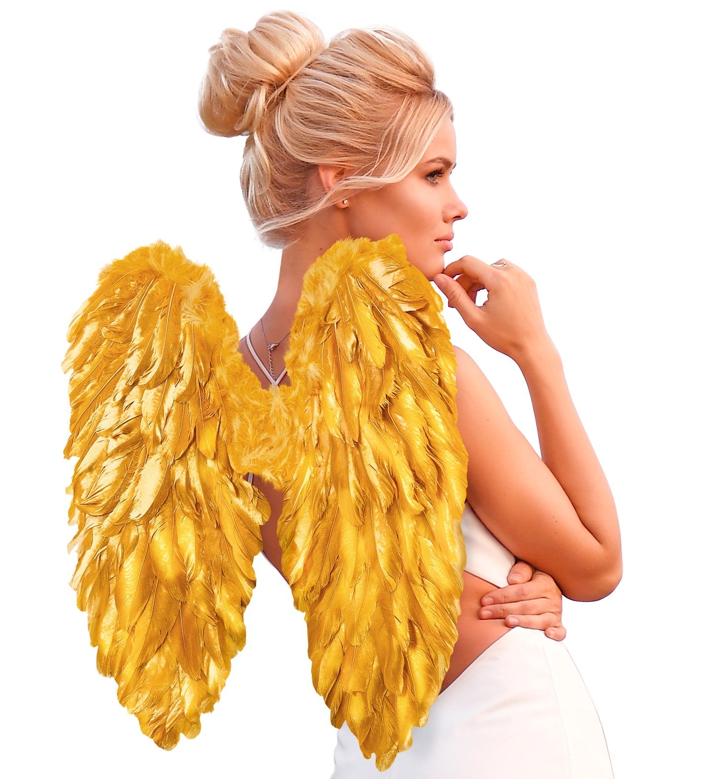 Goldene, faltbare Federnflügel in 50x50cm mit glänzender Oberfläche und leichtem Rahmen.