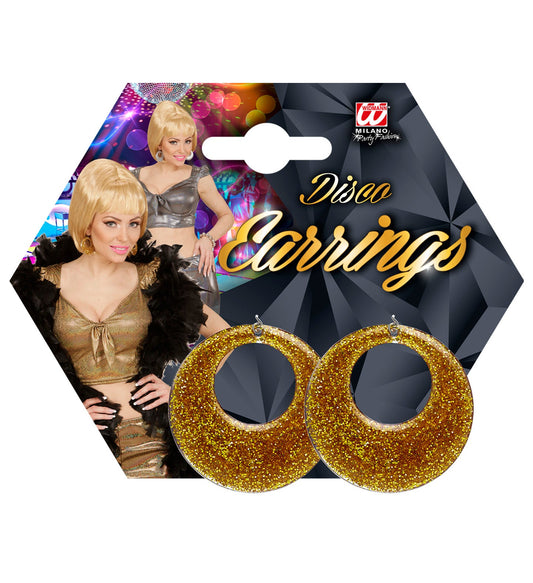 Gold glitter hoop earrings in 70s disco style, lightweight and nickel-free.