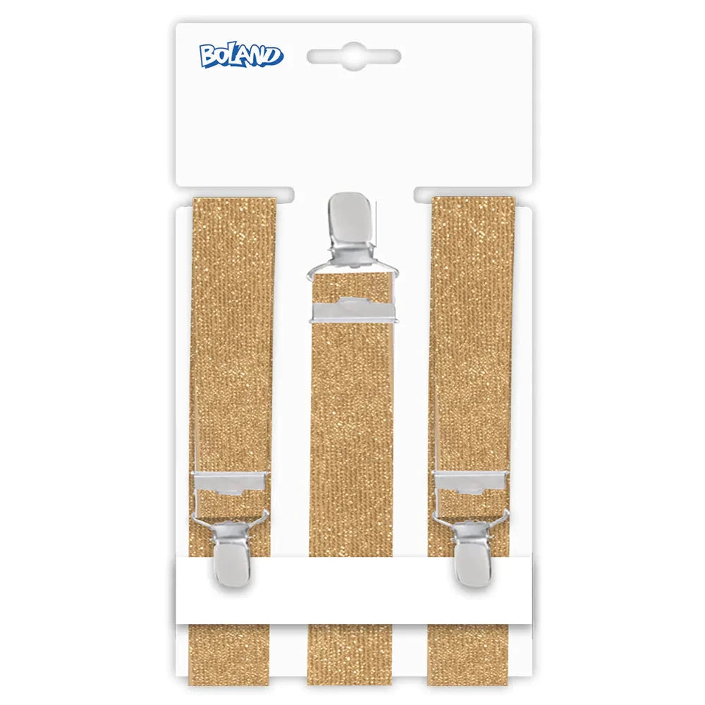 Goldene Hosenträger mit verstellbarer Länge, elegant und glänzend, ideal für formelle Anlässe.