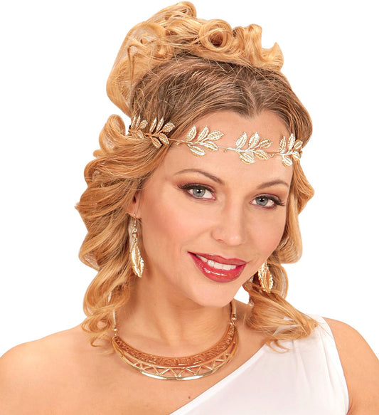 Goldener Lorbeerkranz aus Metall mit glänzenden Blättern als Kopfschmuck für Kostüme