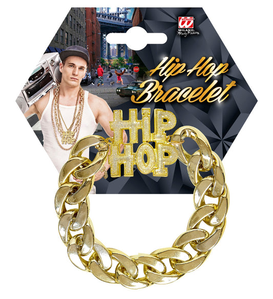 Golden adjustable hip hop bracelet with engraved alloy chain and lettering.