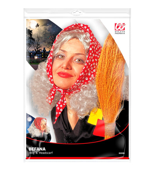 Graue Hexenperücke mit rotem Kopftuch, ideal für Halloween-Kostüme.