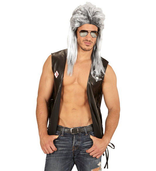 Graue Vokuhila-Perücke aus Kunsthaar mit kurzem Vorder- und langem Hinterhaar.