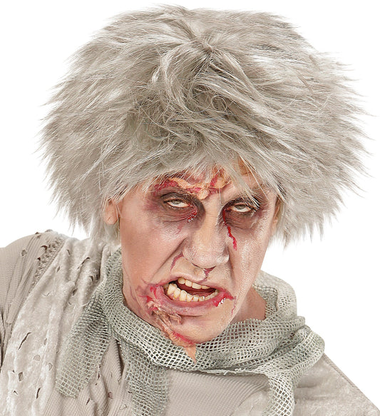 Graue, kurze Zombie-Perücke mit unordentlichem Haar für Erwachsene im Undead-Stil.