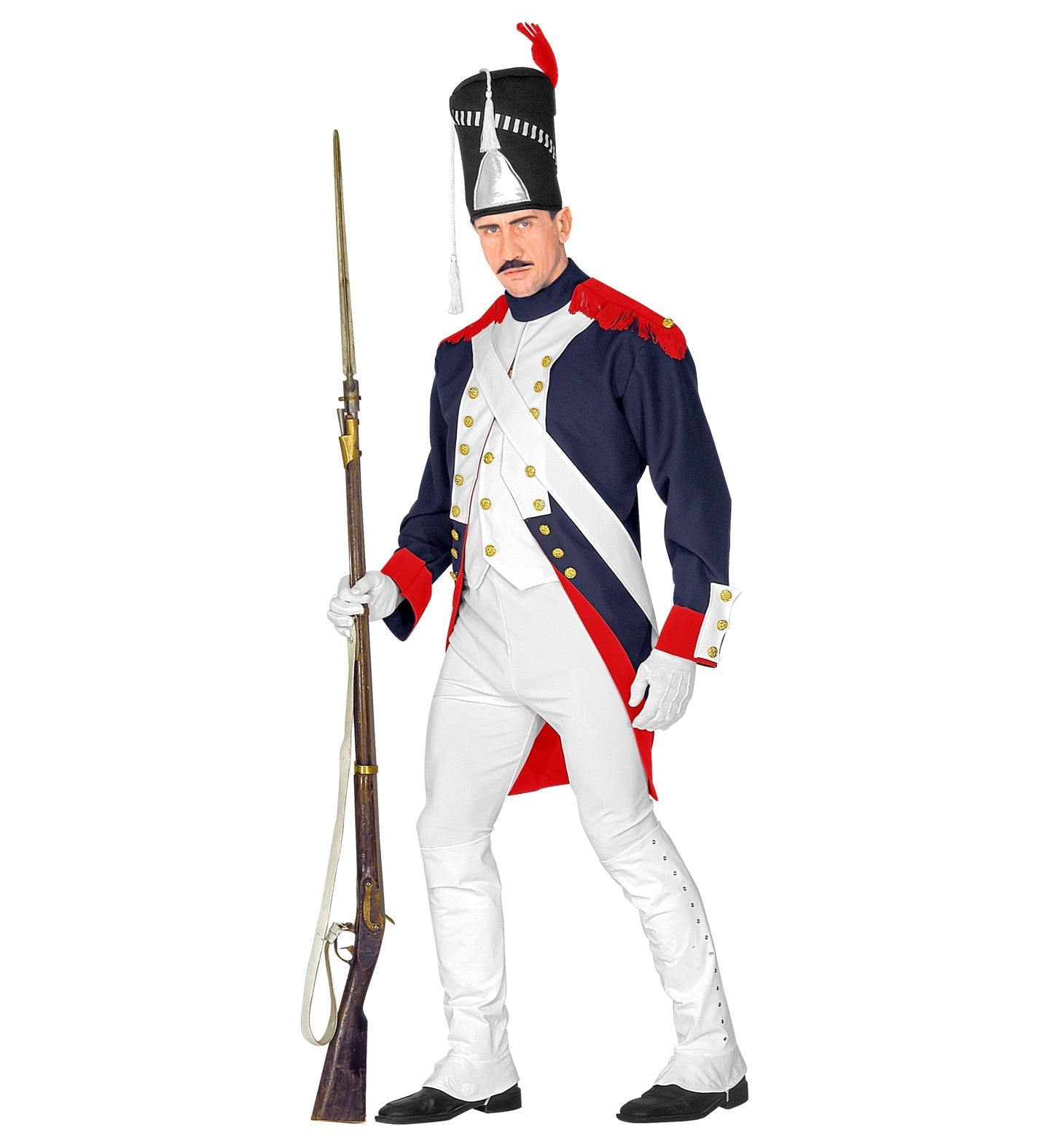Man in Grenadier costume with blue jacket, red accents, white pants, hat and boot covers holding a musket.