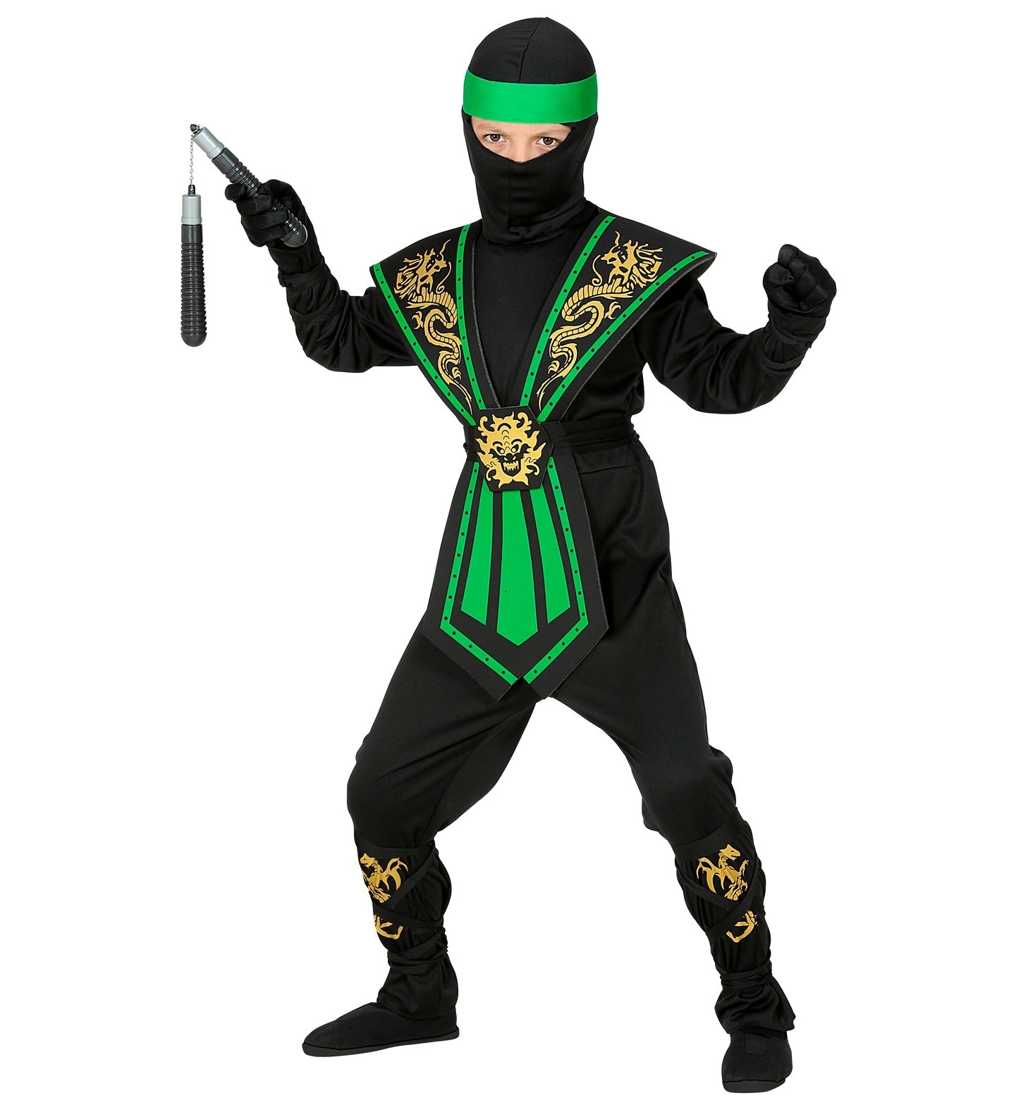 Green ninja kids costume with black mask, headband, nunchucks, and gold dragon armor.