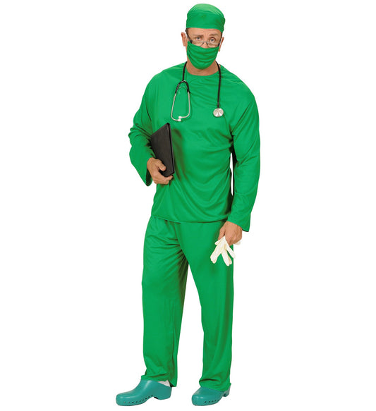Grünes Chirurgen Kostüm Set mit Oberteil, Hose, Kapuze und Maske in Unisex-Größe.
