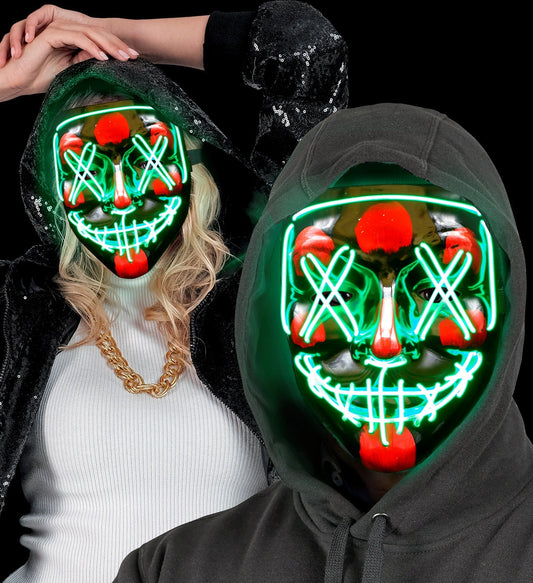 Gruselige schwarze Maske mit grün leuchtendem LED-X-Rahmen für Halloween-Kostüm