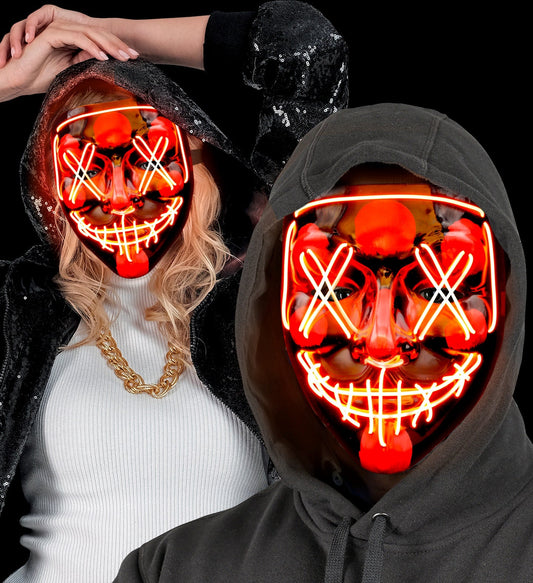 Gruselige X Maske mit roter LED-Beleuchtung und X-förmigen Ausschnitten für Halloween.