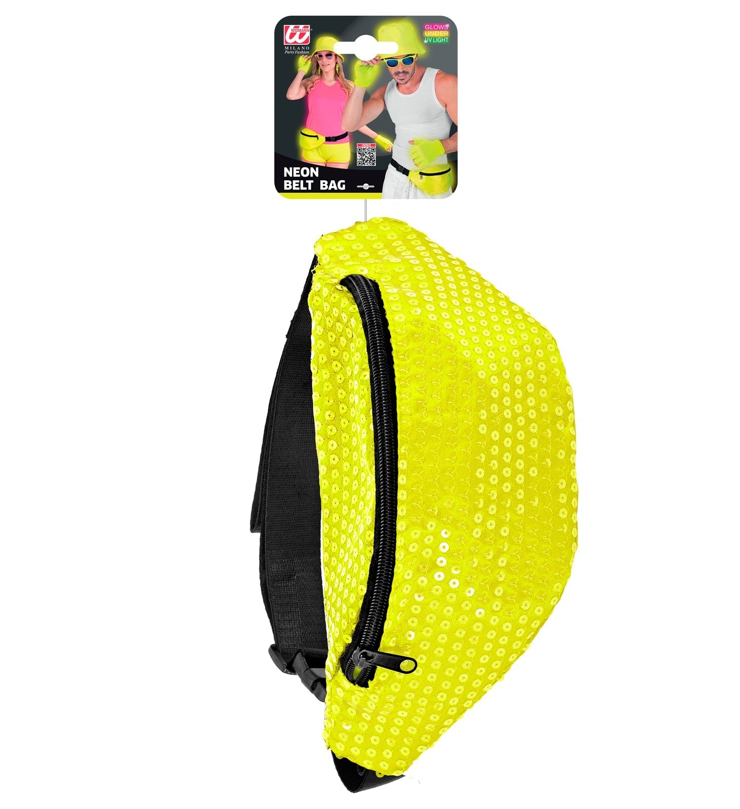 Neon gelbe Gürteltasche mit glitzernden Pailletten und verstellbarem Gurt im 80er Stil