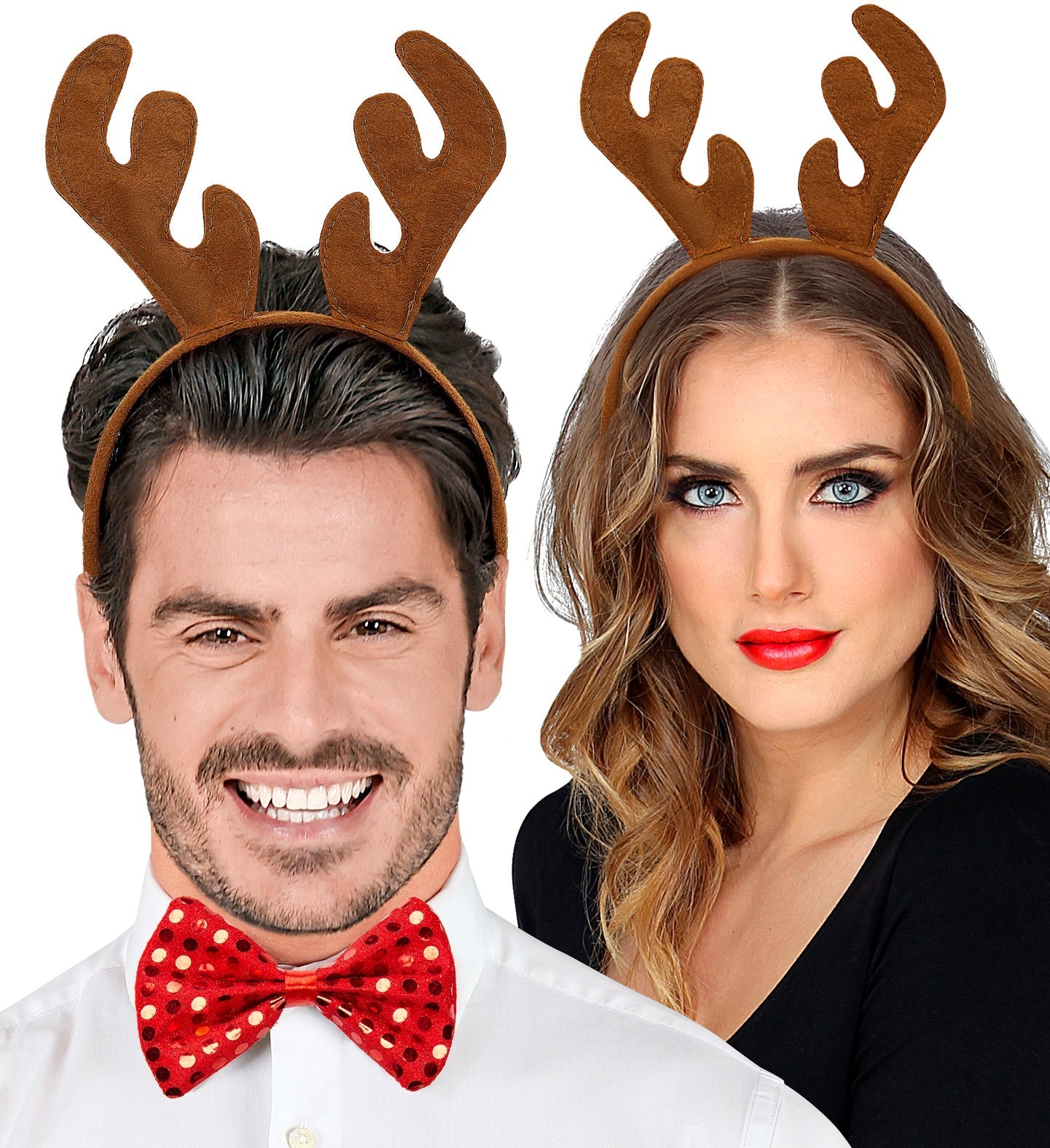 Haarreif mit Rentiergeweih aus samtweichem Polyester in Braun und Grün für festliche Outfits.