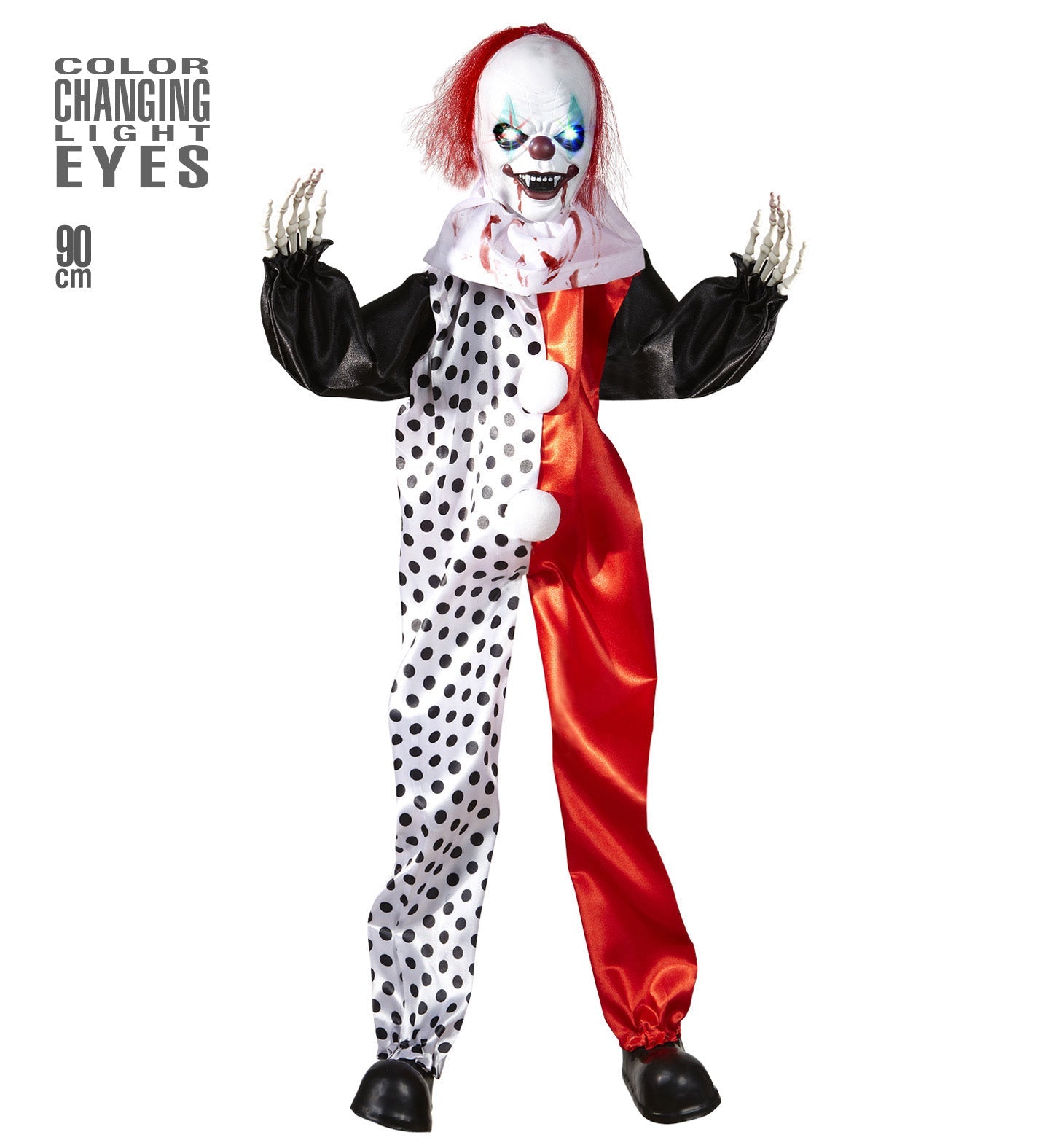 Killer Clown Figur von Widmann, 90 cm groß mit farbwechselnden LED-Augen.