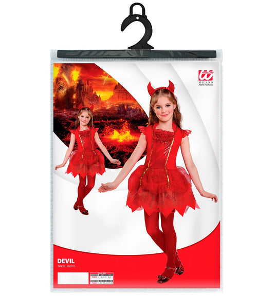 Rotes und schwarzes Kinderkostüm mit Kapuze und Glitzerdetails für Halloween.