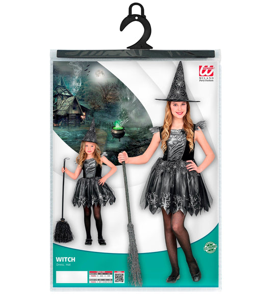 Silbernes Hexenkostüm für Mädchen mit Spinnenweb-Muster und passendem Hut und Gürtel.