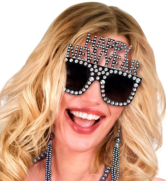 Schwarze Partybrille mit weißer Happy New Year Schrift für Erwachsene und Jugendliche