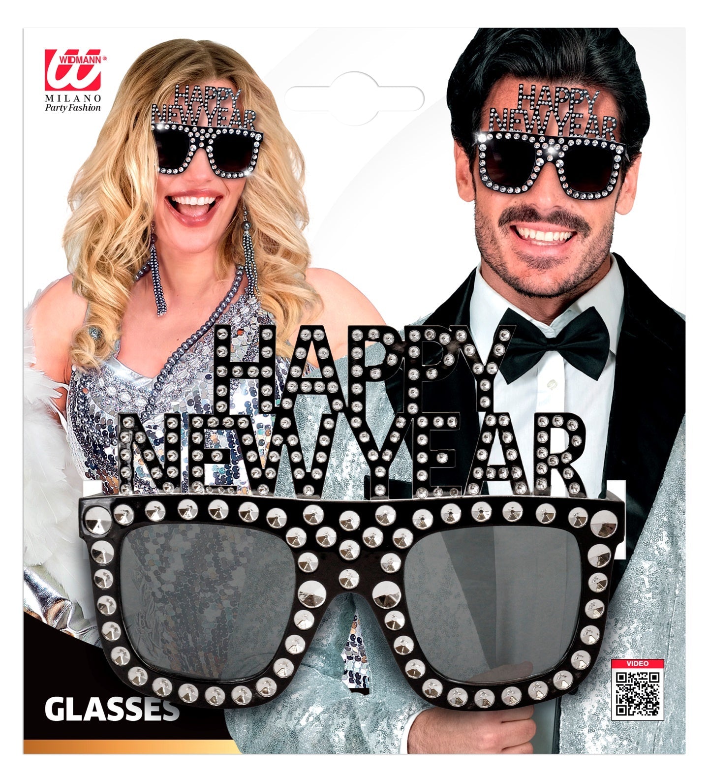Schwarze Partybrille mit weißem Happy New Year Schriftzug für Erwachsene und Jugendliche