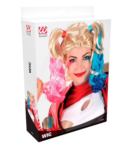Harley Quinn wig with two-tone blonde and blue braided pigtails in a clear box.