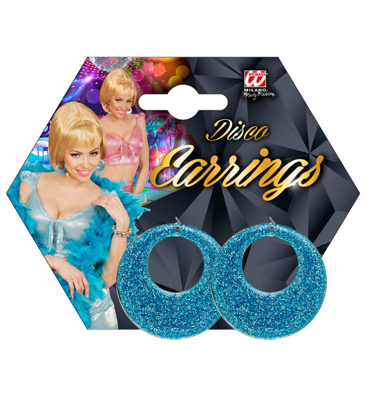 Hellblau glitzernde Acryl-Ohrringe im 70er-Statement-Design.
