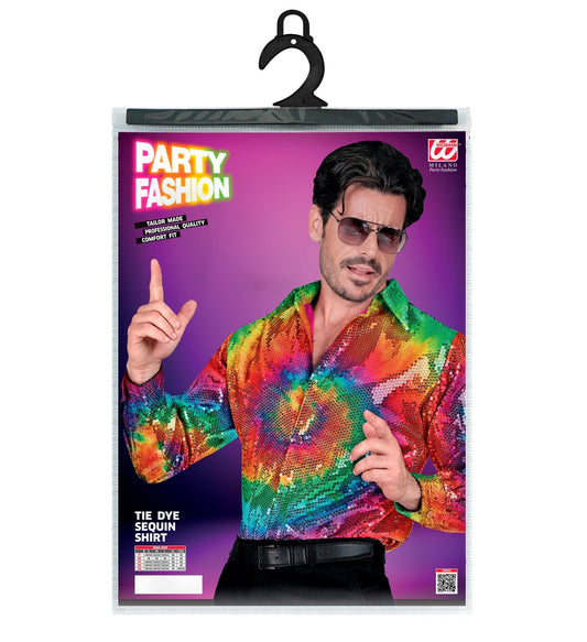 Men's sequin tie-dye shirt in rainbow pattern for festival clubwear.