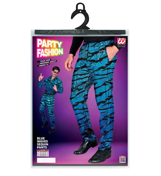 Men's black and blue sequin zebra print trousers on hanger with packaging.