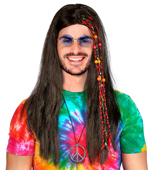 Schwarze Hippieperücke mit langen Locken und handgeknüpften Perlen für den 70er-Jahre-Look.