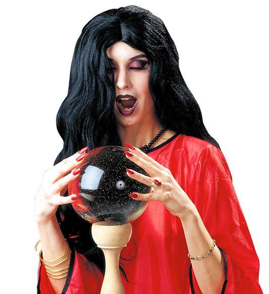 Lange schwarze Hexenperücke aus hitzebeständigem synthetischen Haar mit verstellbarem Innenfutter.