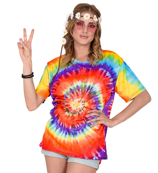 Unisex hand-dyed cotton batik hippie shirt in rainbow tie-dye pattern, relaxed fit.