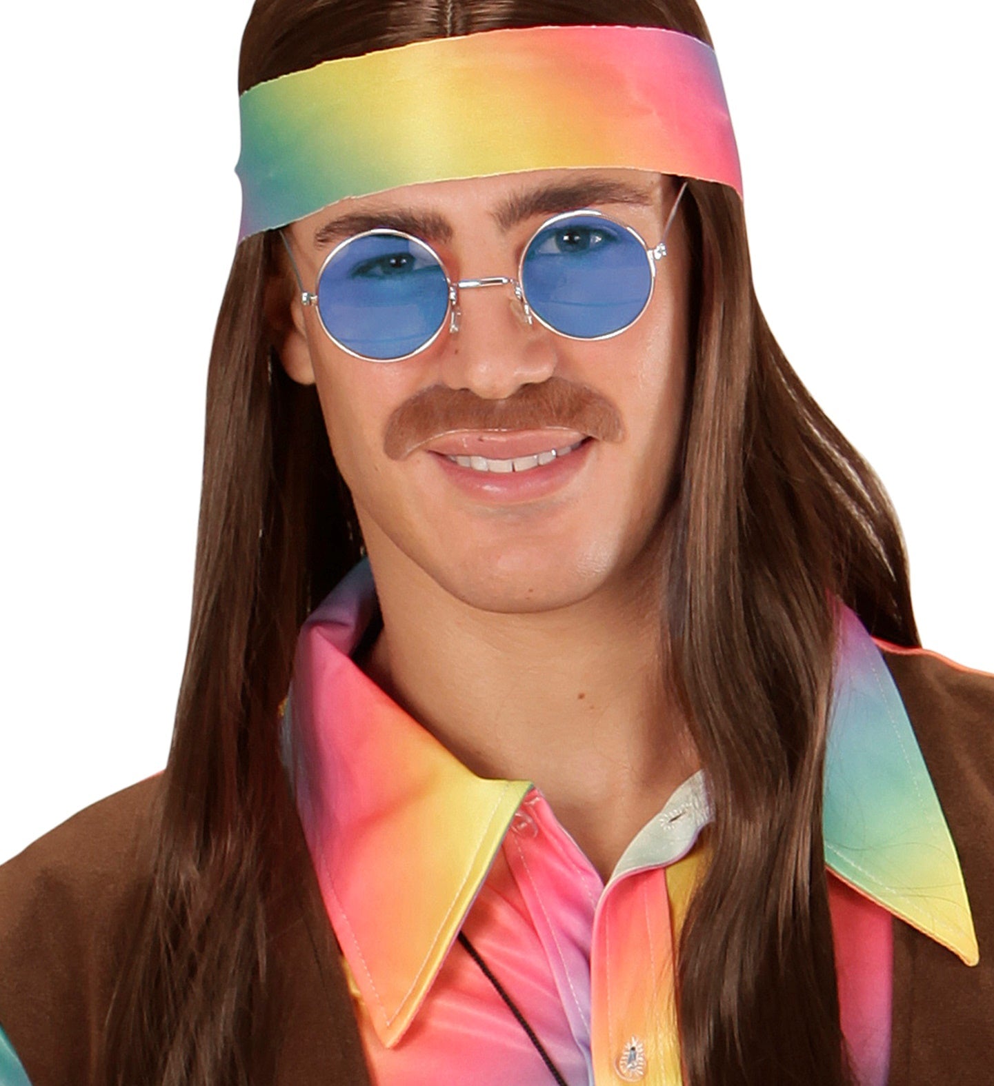 Blue-tinted hippie sunglasses with round wire frames and UV protection.