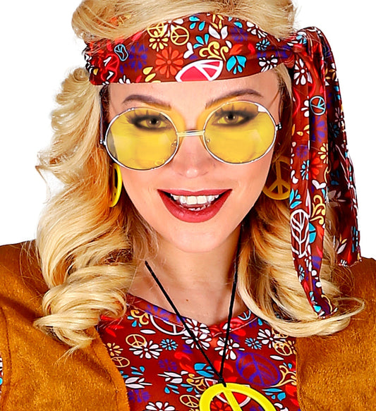 Hippie-Brille mit gelben UV400-Gläsern und Kunststoffgestell.