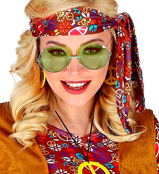 Round metal frame hippie glasses with green UV400 lenses and peace symbols.