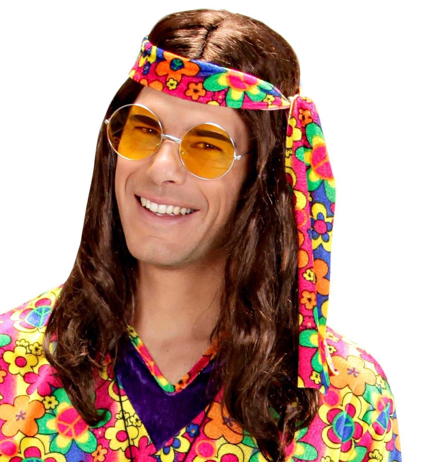 Hippie sunglasses with orange tinted lenses and a colorful floral headband.
