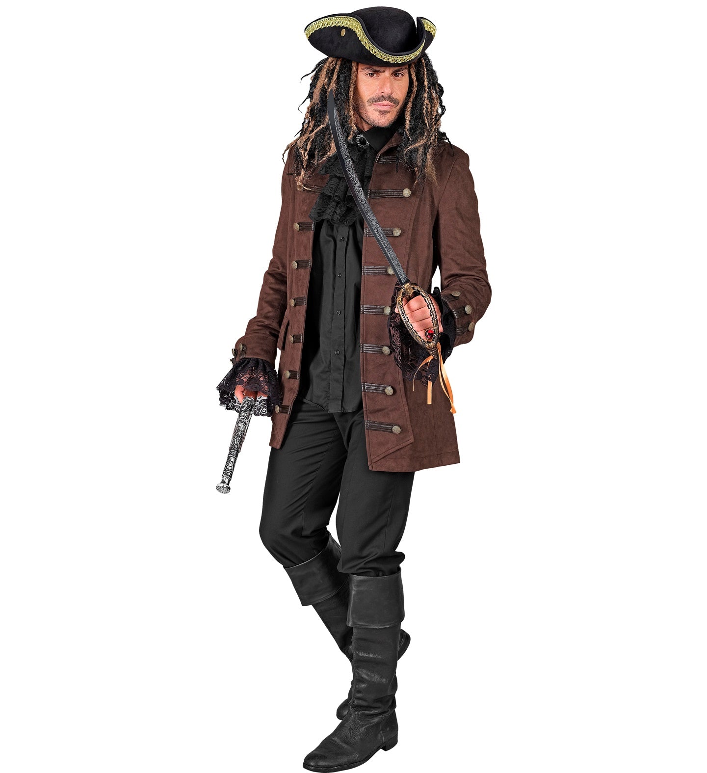 Grauer historischer Piratenmantel für Herren mit breiten Aufschlägen und Knöpfen im Schiffskapitän-Stil