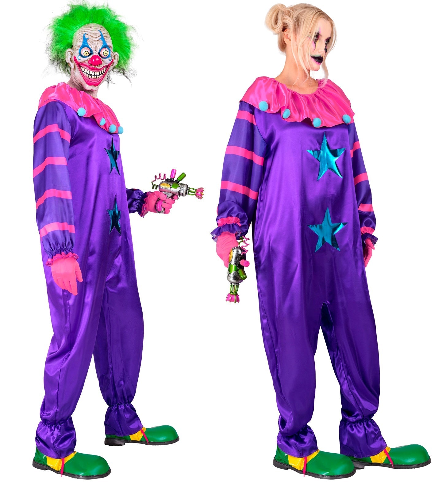 Schwarz-weißer Horror-Clown Overall aus Poly-Baumwolle mit Reißverschluss und lockerem Schnitt.