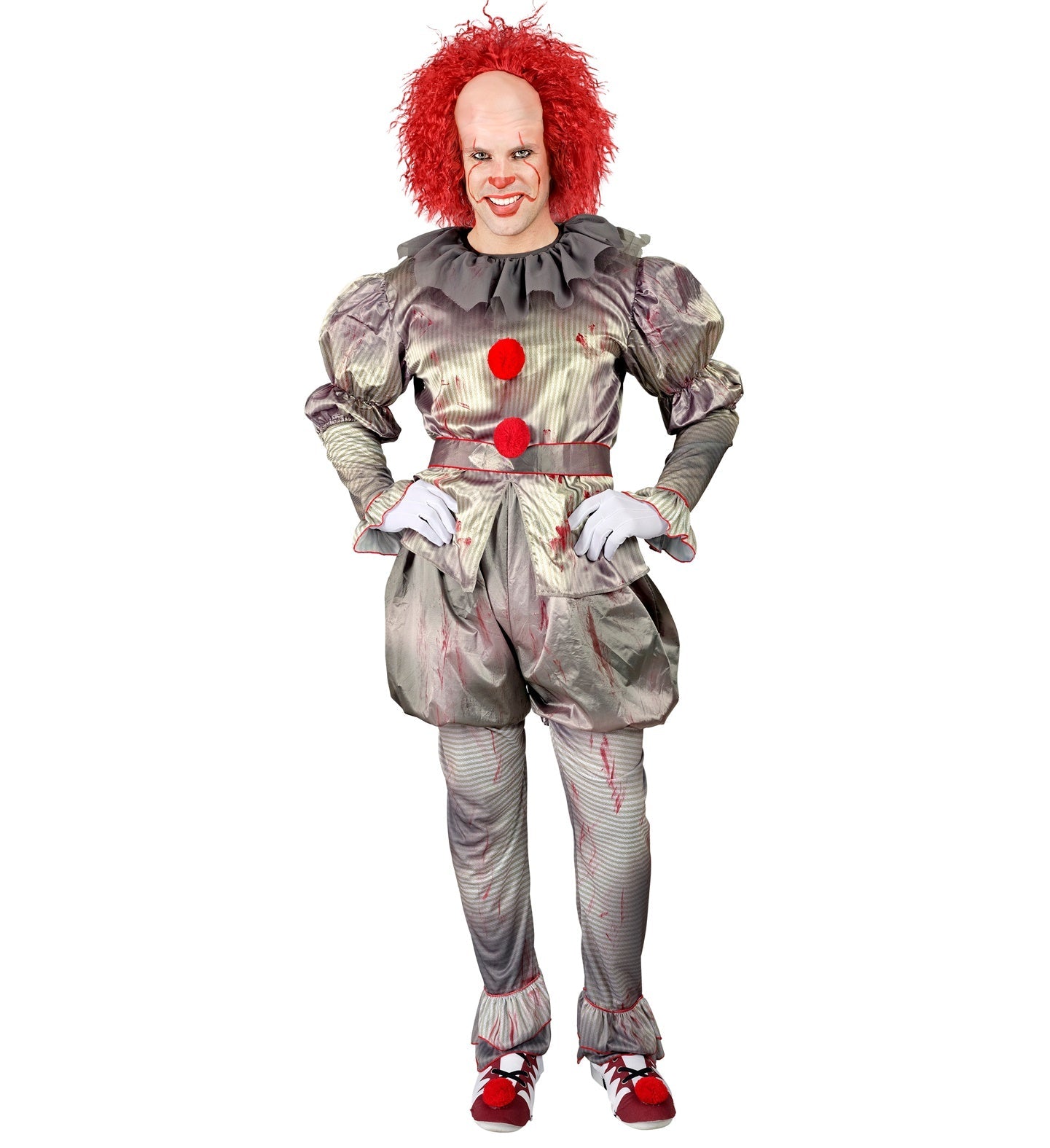Horrorclown Herrenkostüm in Schwarz-Rot mit Rüschen und Leggings für Halloween.