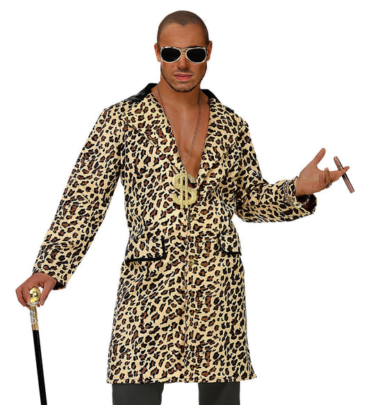 Man in leopard-print coat with oversized collar, gold chain, sunglasses, cigar, and cane.