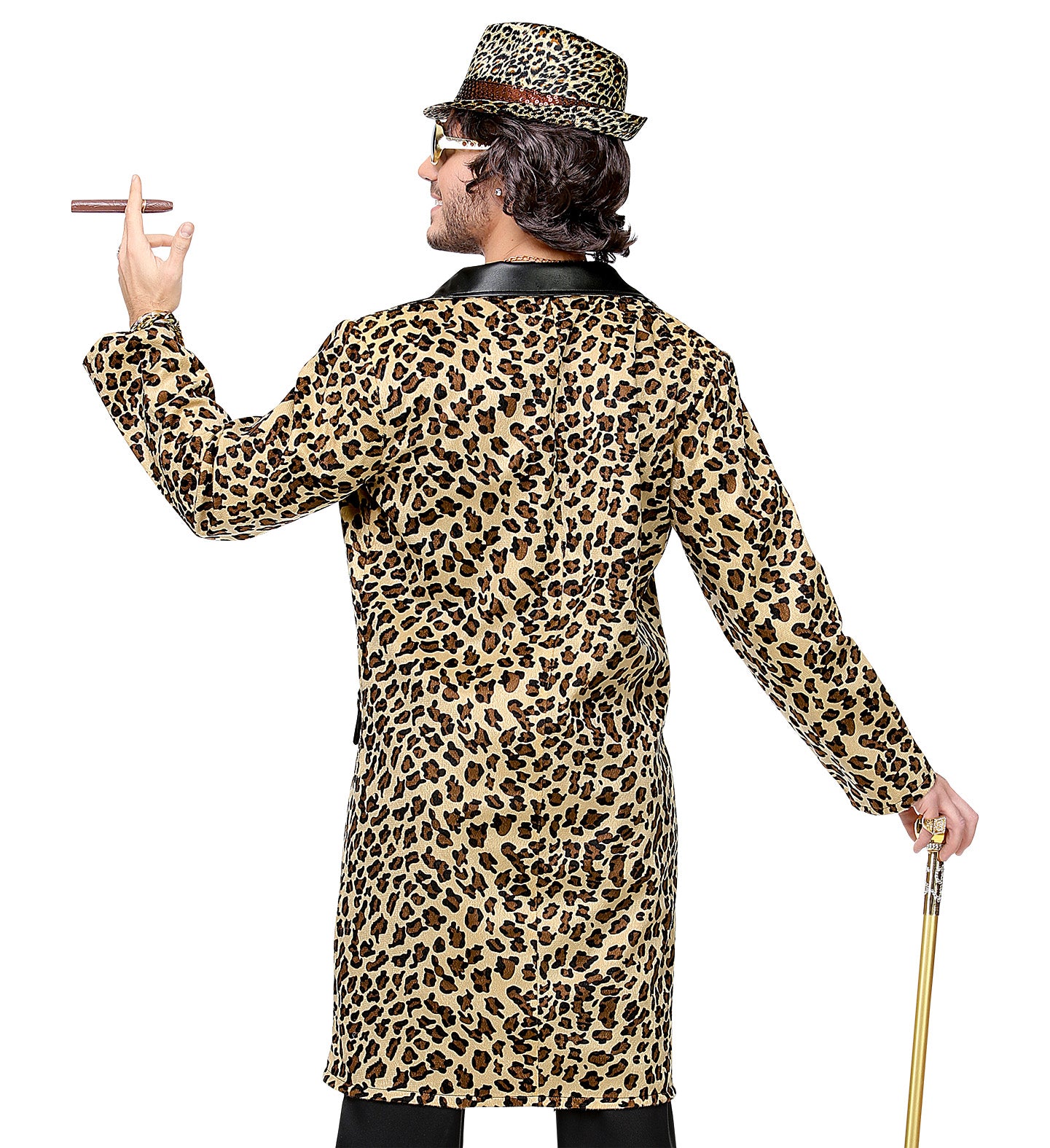 Man in leopard-print coat with hat, holding cigar and cane.