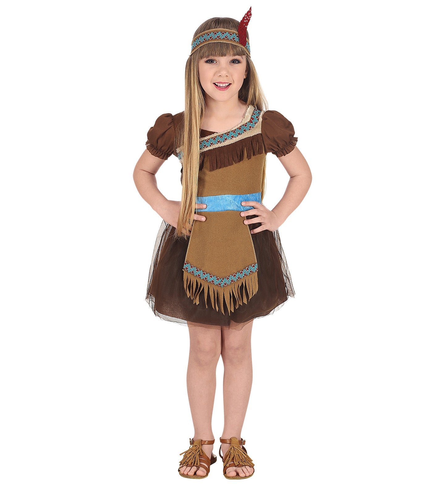 Mädchenkostüm Indianerin mit buntem Kleid, Tutu-Rock und Feder-Stirnband in Beige