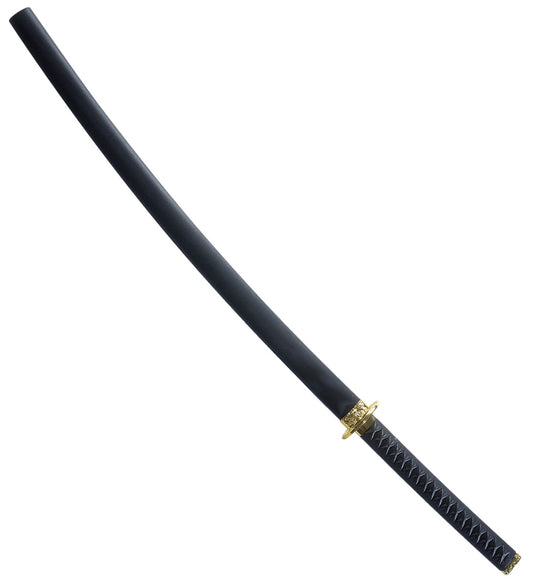 Japanisches Katana-Schwert mit schwarzer Klinge, goldener Tsuba und Scheide, 107 cm lang.